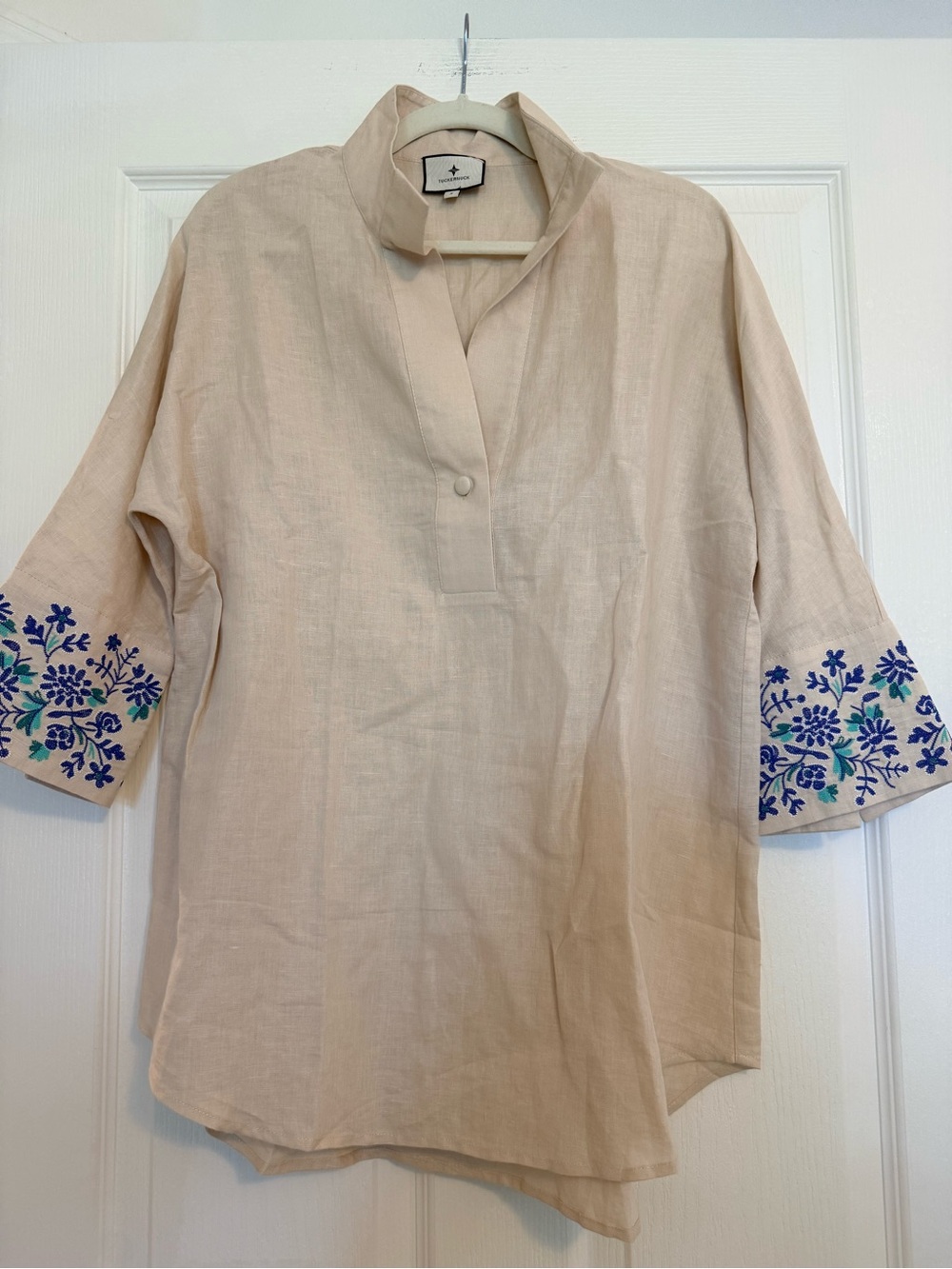 Tuckernuck Cream Linen Tunic with Blue Embroidered Sleeves
